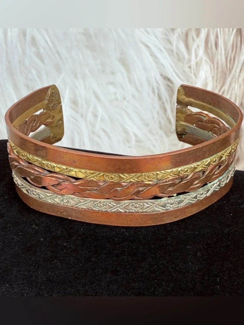 Vintage Mixed Metal Braided Copper Cuff Bracelet Boho Unisex Statement